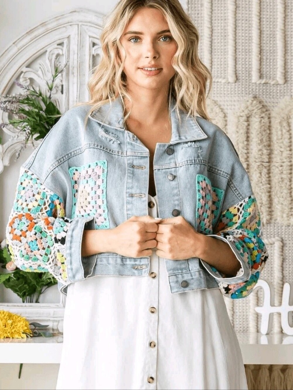 Veveret Crochet Granny Square Cropped Jean Jacket Blue Multi Size Large